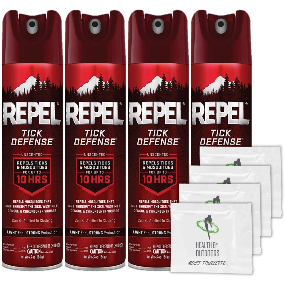Repel Tick Defense 6.5 Ounce Aerosol Spray (4 Count) + (4) BONUS Moist
