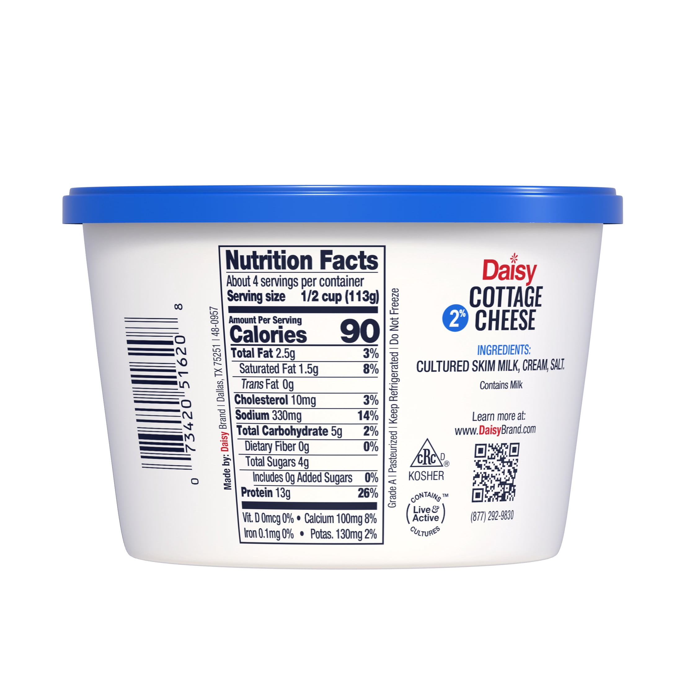 Daisy Pure and Natural Low Fat Cottage Cheese, 2% Milkfat, 16 oz (1 lb) Tub (Refrigerated) - 13g of Protein per Serving