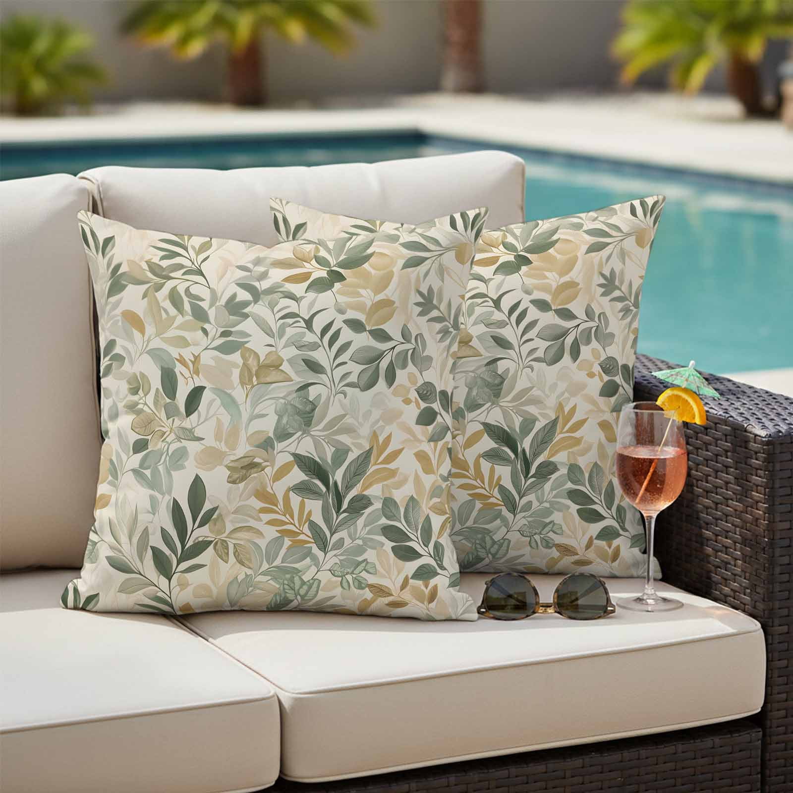 Vintage Leaves Outdoor Pillow Covers 24"x24" Set of 2, Rattail Leaves Plants Watercolor Texture Waterproof Throw Pillow Covers for Patio Furniture, Decorative Cushion Covers for Porch