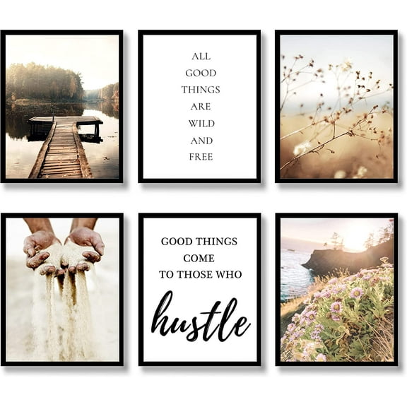 Nature Wall Art Prints Set of 6 Canvas Motivational Art Wall Decor Landscape Print Pictures Wooden Bridge Sand Flower Plant Poster Home Decorations for Living Room Bedroom (8"x10" UNFRAMED)