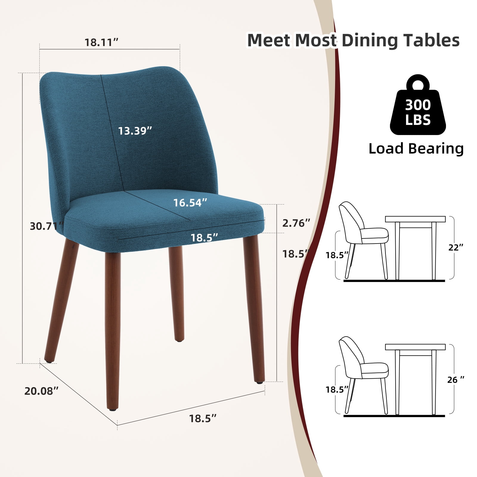 COZONY Dining Chair Set of 2, Upholstered Linen Dining Chairs with Wood Legs & Wing Backrest, for Dining Room or Living Room, Blue