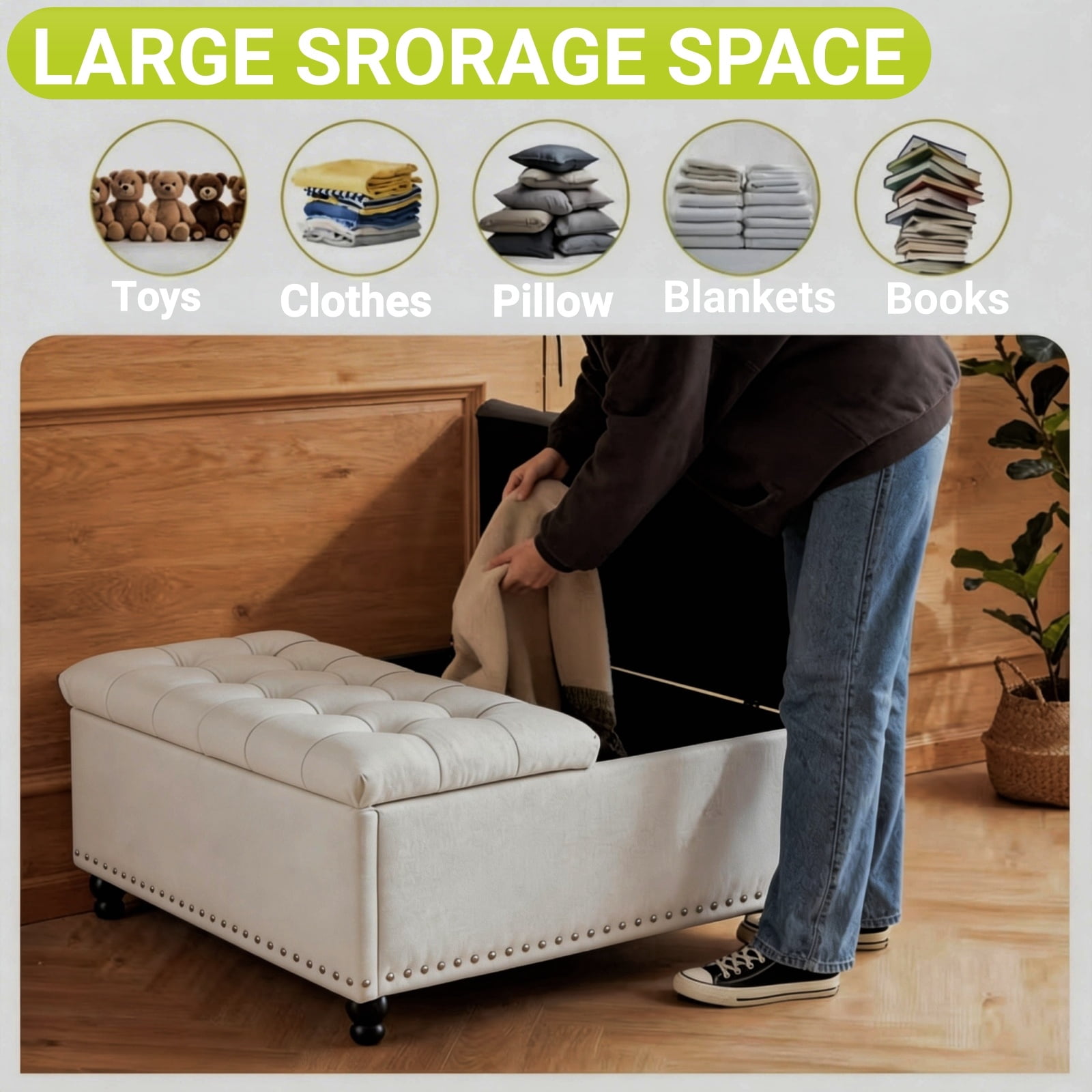 Haewon 34 inch Extra Large Storage Ottoman Coffee Table, No Assembly Required, Oversized Square Ottoman with Storage, Tufted Upholstered Ottomans Coffee Table for Living Room ,Fabric, White