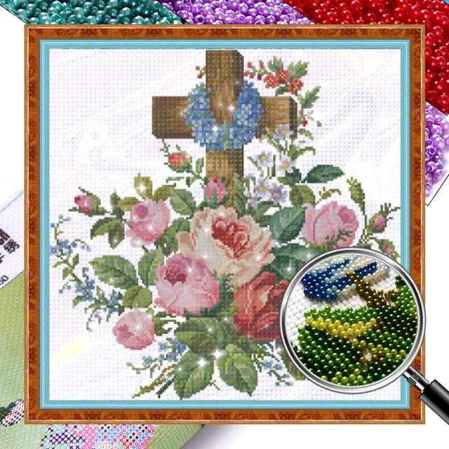 Kit Punto Cruz Flores Con Cuentas Bordado Parcial Del 50x50cm 9CT