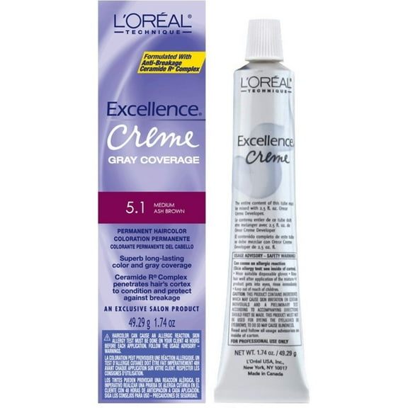 L'Oreal Excellence Creme Permanent Hair Color, Medium Ash Brown #5.1, 1.74 oz (Pack of 6)