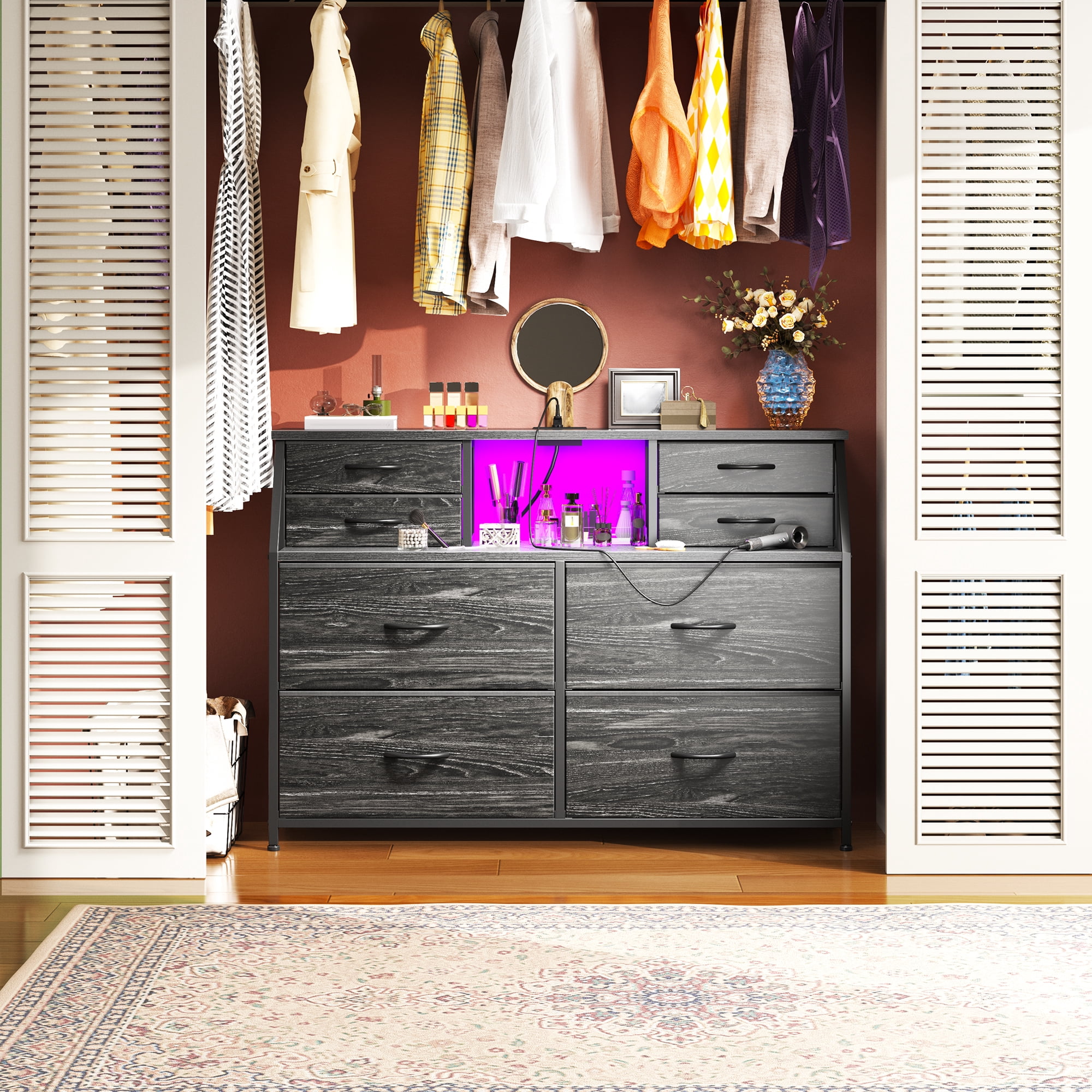 Romorgniz Dresser for Bedroom with 8 Fabric Drawers White Dresser with LED Lights & Charging Station & Open Shelf for Living Room and Entryway
