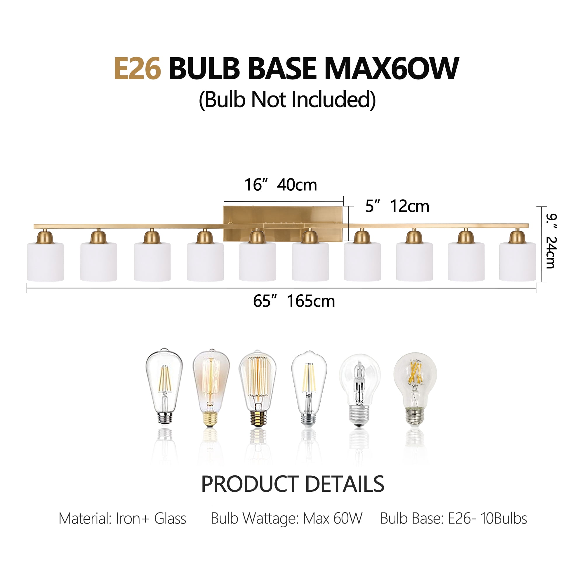 Miniyam 65 in 8 Light Gold Vanity Light for Bathroom, Wall-Mounted Fixtures Over Mirror, E26, No Bulbs Included