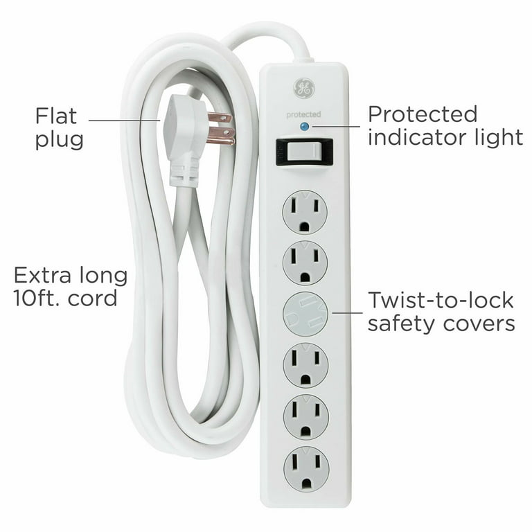 GE 6-Outlet Surge Protector, 10 Ft Extension Cord, Power Strip, 800 Joules,  Flat Plug, Twist-to-Close Safety Covers, UL Listed, White, 14092