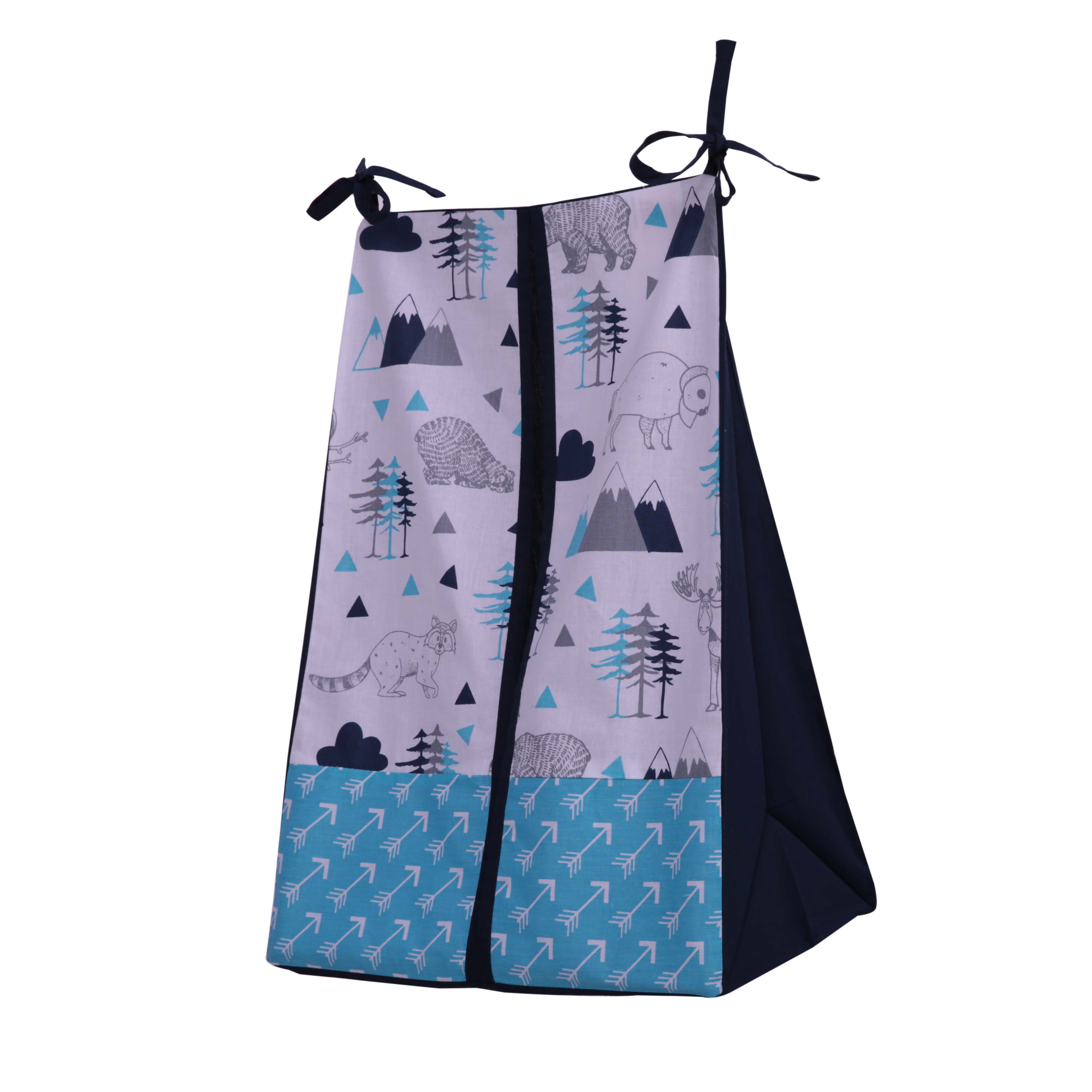 Bacati - Woodlands Aqua/Navy/Grey 4 pc Boys Cotton Crib set with Diaper Stacker, CC, CSK, DS. CFS