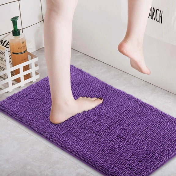 Plush Chenille Bathroom Rug‑Soft Thick Absorbent Shaggy Bath Mat‑Non‑Slip TPR Backing‑Machine Washable‑Purple‑For Shower & Bathroom Floor Decor