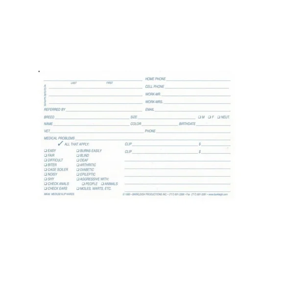 Kennel Groomer Vet Rescue Shelter Professional Informational Klip Card 100 Packs (4 x 6 - White)