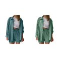 thumbnail image 1 of (2-Pack) Rinsvye Women'S Ruffled Collar Long Sleeve Shirt And High Waist Drawstring Shorts Set For Casual Daily Wear Lightweight Soft Fabric Stylish Two Piece Outfit, 1 of 7