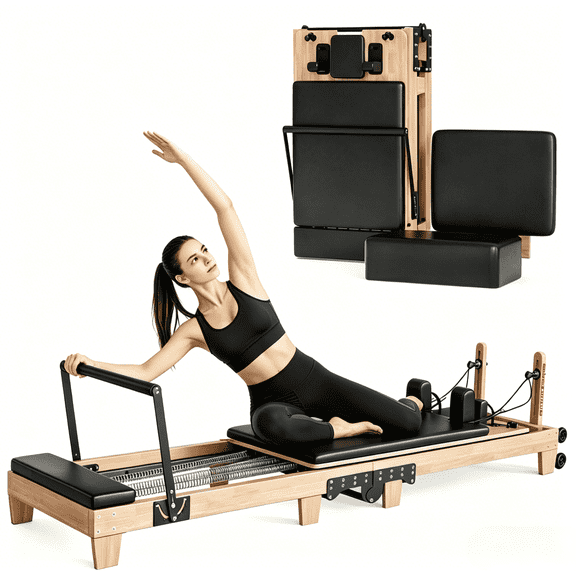Pilates Reformer 92" Foldable Solid Wood Home Gym Machine with 6 Springs, Jump Board, Box & 2 Grip for Home Workouts Gym