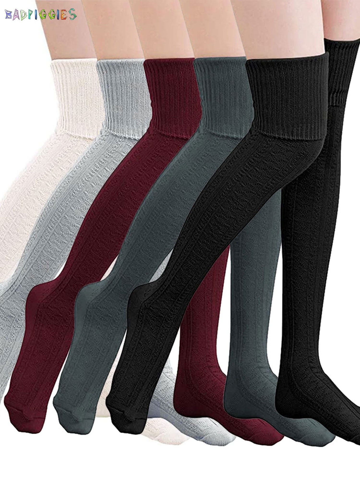 BadPiggies Women's 5 Pairs Knit Thigh High Cotton Socks Over the Knee