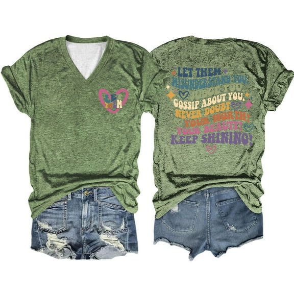 Shwomsmer Womens T Shirts Women Summer Let Them Misunderstand You Letter Double Printed V Neck T Shirt Womens Loose Fit Tops