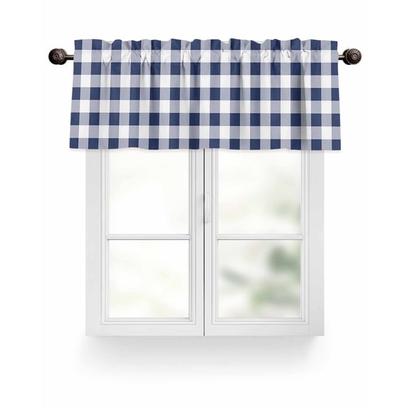 Navy Blue White Plaid Kitchen Valances for Windows Rustic Vintage Checkered Valance Curtains for Kitchen /Living Room/Bedroom/ Bathroom Decor, 42"x12 " ,Rod Pocket 1 Panel,