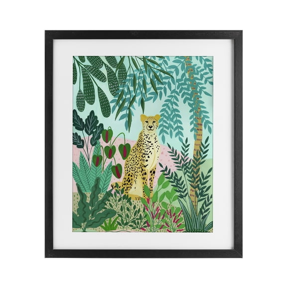 Stoic Leopard Tropical Forest Black Framed Print Under Glass, design by Nabeela Rumi