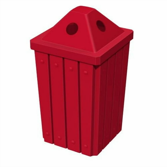 Sturdy Essentials 32 Gallon Square Slated 100% Recycled Plastic Heavy Duty Outdoor Trash Can with Pyramid Lid for Recycling - Red