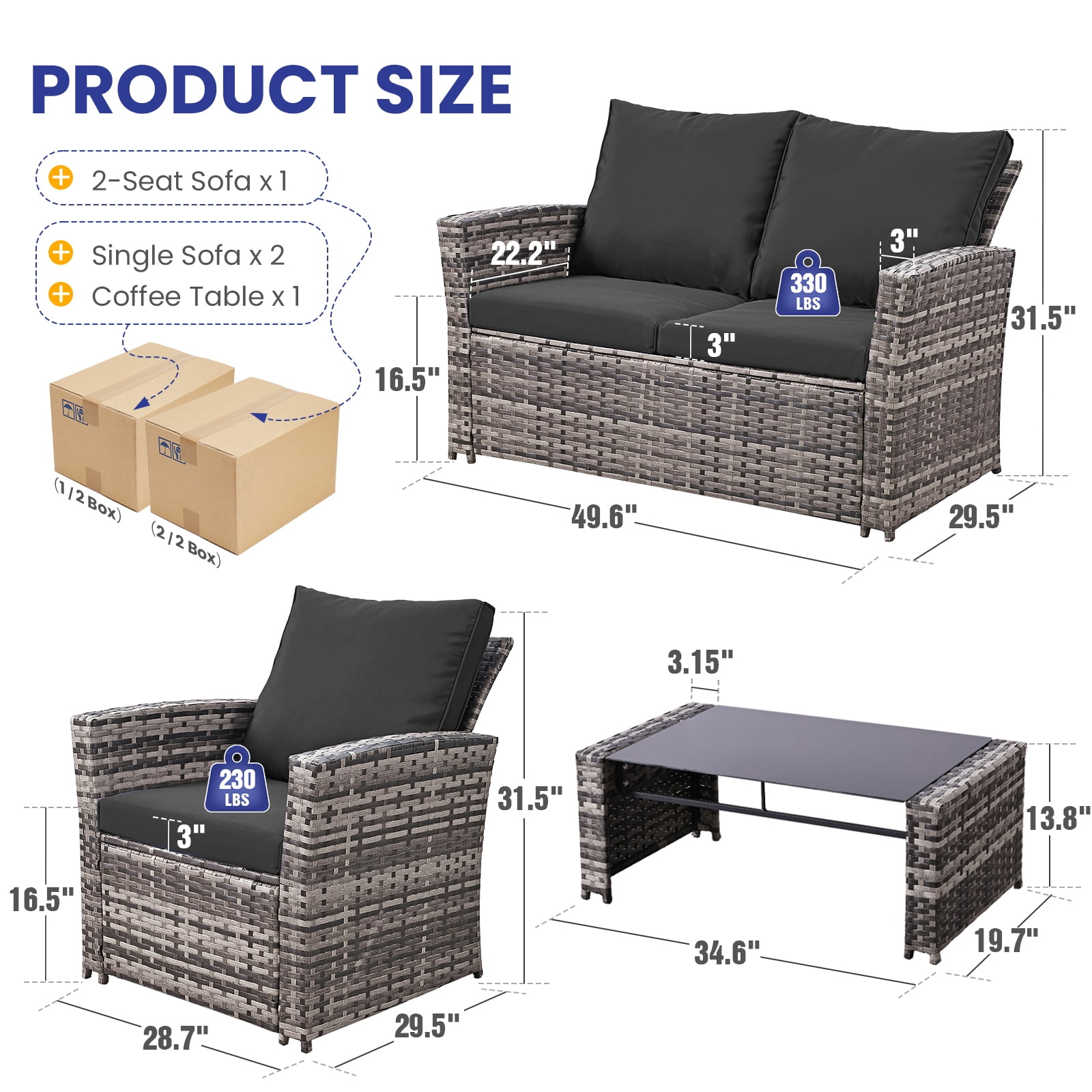 4 Piece Outdoor Patio Furniture Set,Wicker Conversation Sets Outdoor Sectional Patio Sofa Couch with Cushions & Coffee Table for Outside, Garden, Balcony, Porch,Grey/Black