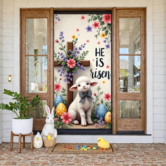 Wooden Cross Resurrection Banner Pink Bow Easter Display Green Leaves Pink Flowers Cross Backdrop for Easter Celebration Resurrection Sunday Church Event