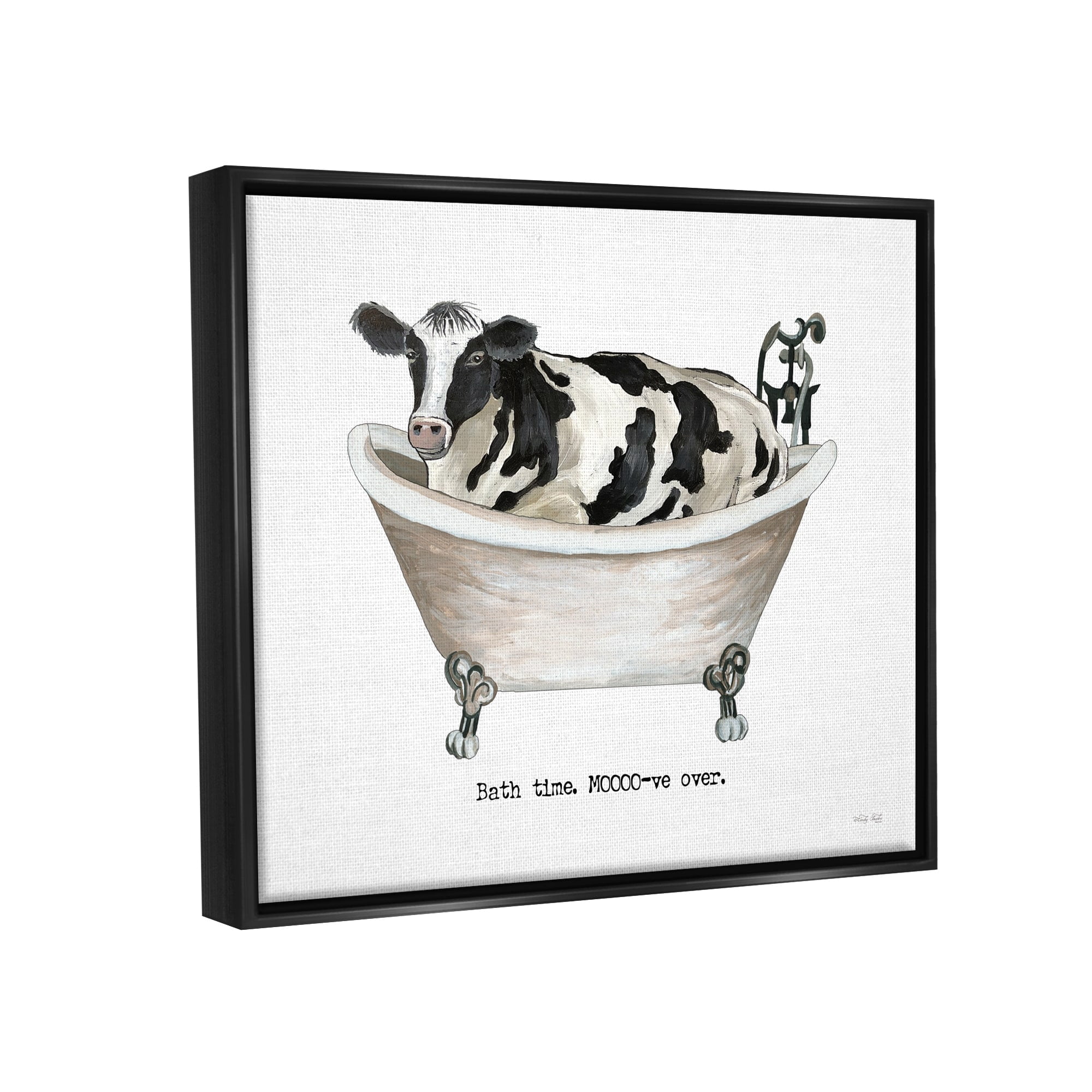 Stupell Industries Moo-ve Over Bath Time Cow Farmhouse Bathroom Sign Graphic Art Jet Black Floating Framed Canvas Print Wall Art, Design by Cindy Jacobs
