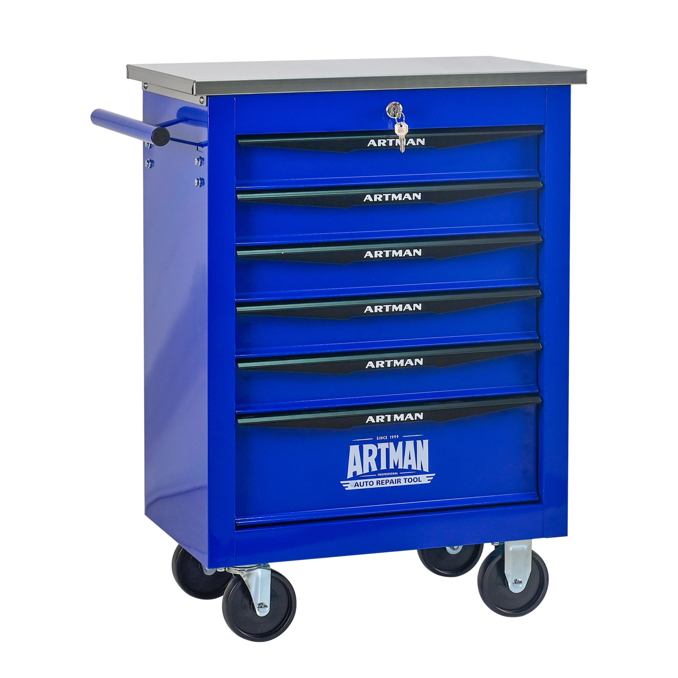 Noble House 6-Drawer Rolling Tool Organizer Cart, Steel Mobile Chest Storage with Worktop for Garage Workshop, Blue