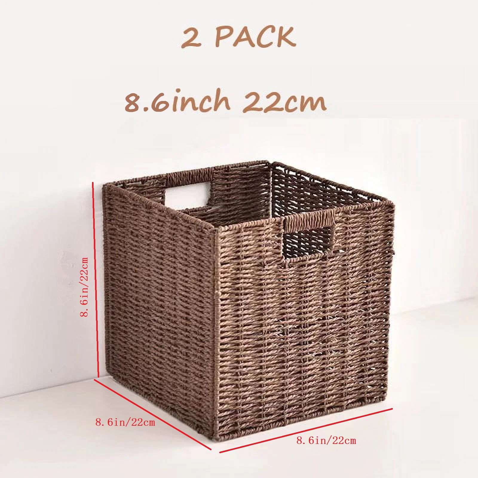 Set of 2 Wicker Storage Basket, Hand-Woven Storage Baskets for Shelves with Handles Foldable Cube Storage Baskets Bins, 8.6 inch