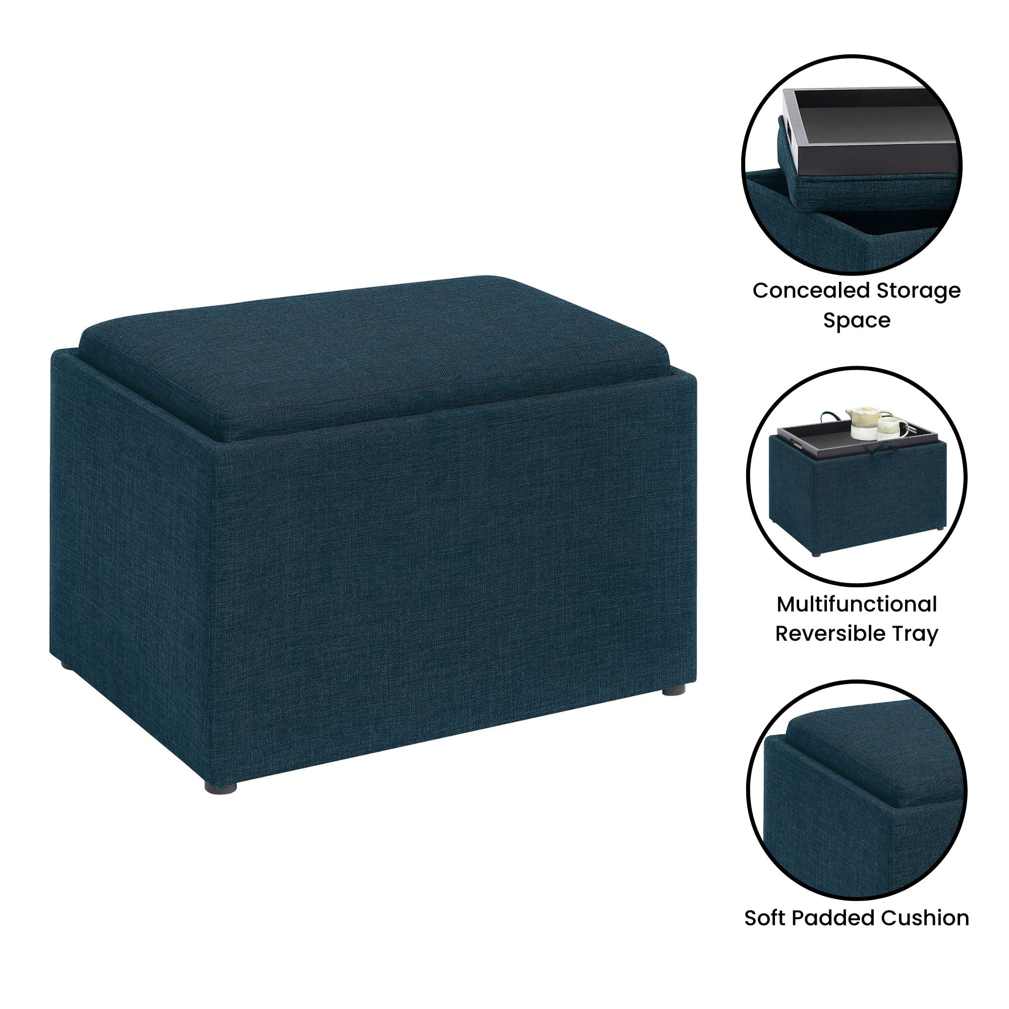 Convenience Concepts Designs4Comfort Accent Storage Ottoman with Reversible Tray, Dark Blue Fabric