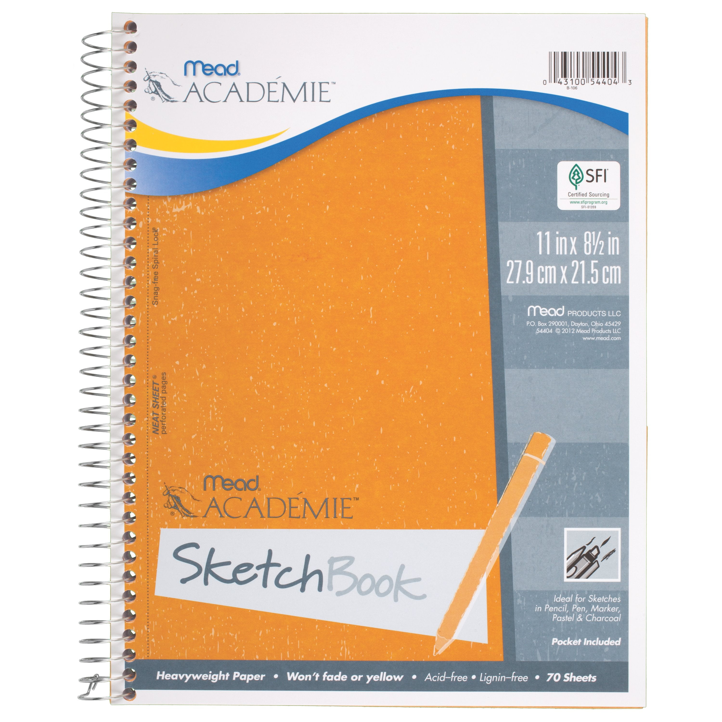 Mead Académie Spiral Sketchbook/Sketch Pad 54404 11 x 8.5 Inch Sheet Size Heavyweight Paper 70 Sheets
