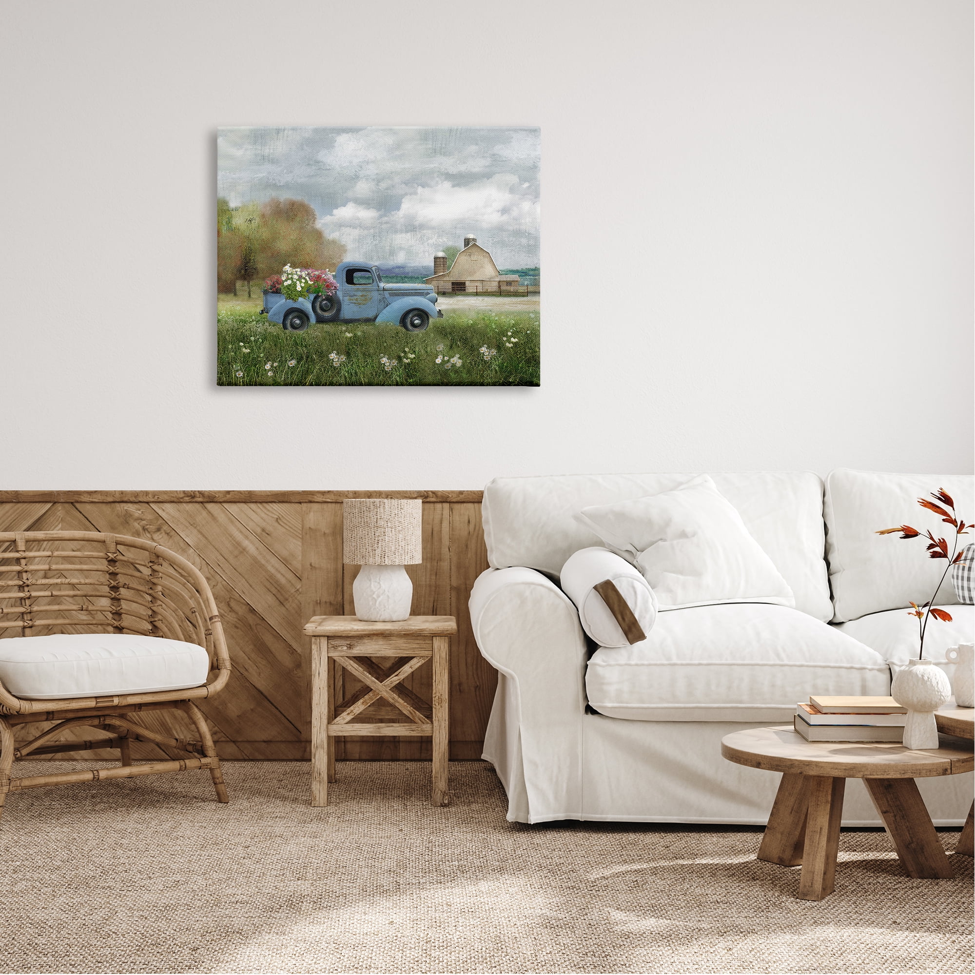 Stupell Industries Vintage Blue Truck Flower Bouquet Cloudy Sky Farmhouse Farmhouse Painting Gallery-Wrapped Canvas Print Wall Art, 40 x 30, Design by Nan