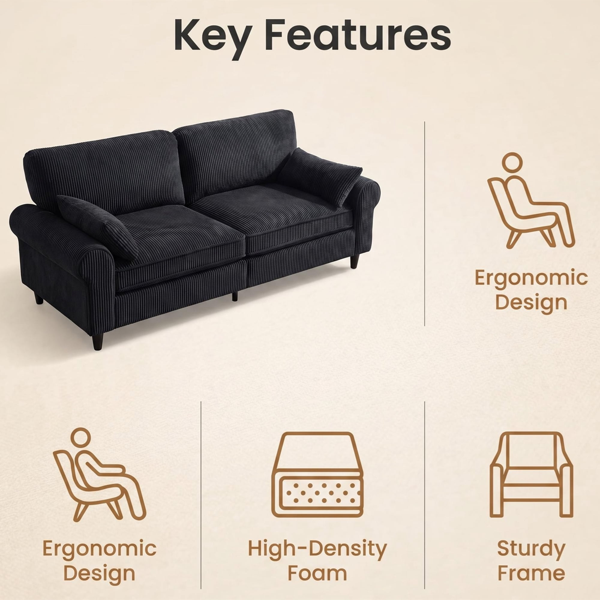 Aukfa 81" Roll Arm Sofa 3 Seat Deep Seat Upholstered Couch for Living Room Bedroom, 2 Pillows, Corduroy, Black