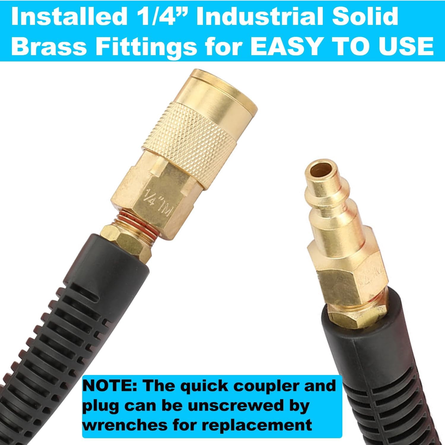MKEUDQ-Reinforced Polyurethane Recoil Air Hose 1/4" Inner Diameter by 10' Long, Heavy Duty, Flexible Air Compressor Hose with Bend Restrictor, 1/4" Swivel Industrial Quick Coupler and Plug, Blue