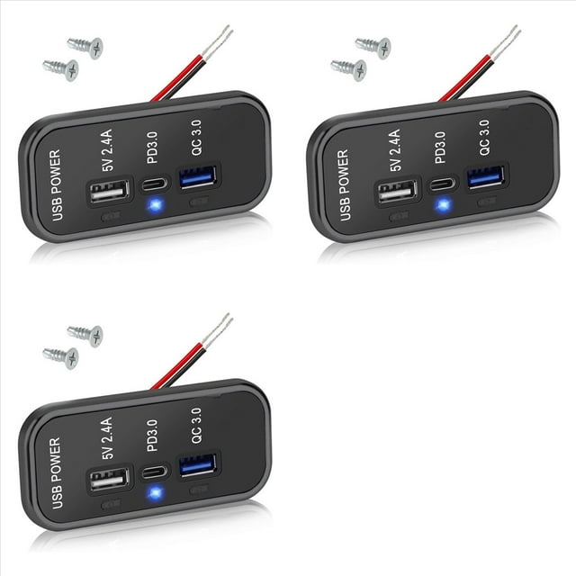 3X Cargador de Salida USB de 3 Puertos de 12 V, PD3.0 Tipo C, QC 3.0 USB A y Adaptador de Enchufe de Cargador Rápido USB A de 2,4 A para Coche Marino