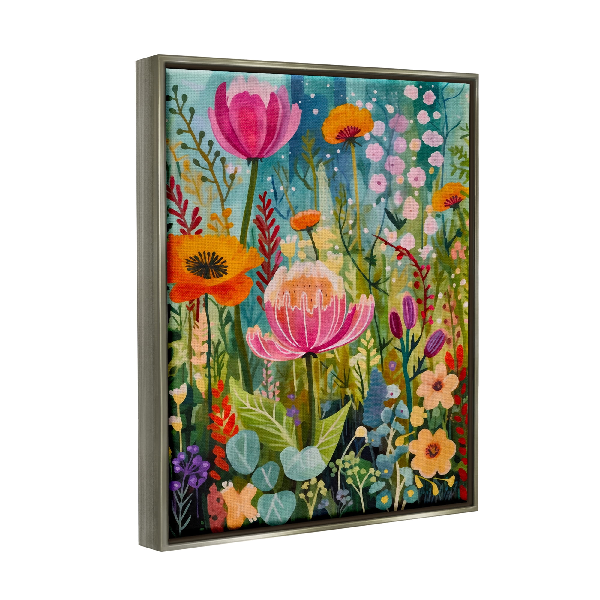 Stupell Industries Whimsical Floral Garden Botanical & Floral Painting Gray Floater Framed Art Print Wall Art, 17 x 21