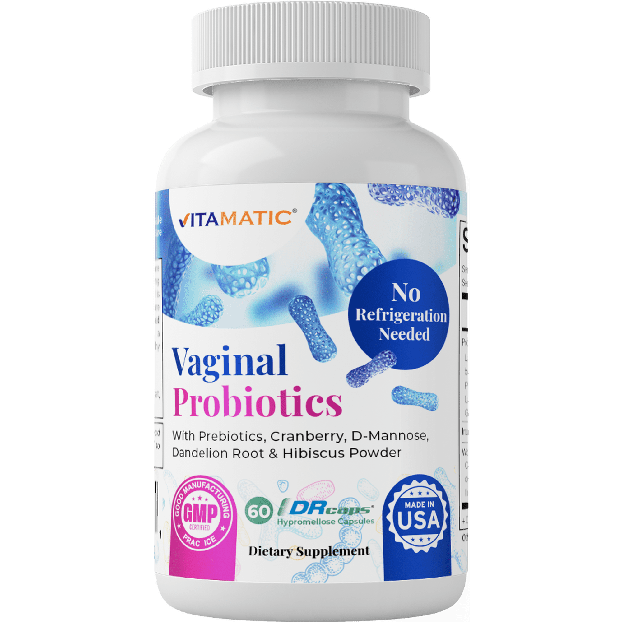 Vitamatic Vaginal Probiotics 20 Billions for Women pH Balance & Odor Control with Prebiotics & Probiotics 60 DR Capsules - Made with Cranberry, D-Mannose, Hibisucs & Dandelion