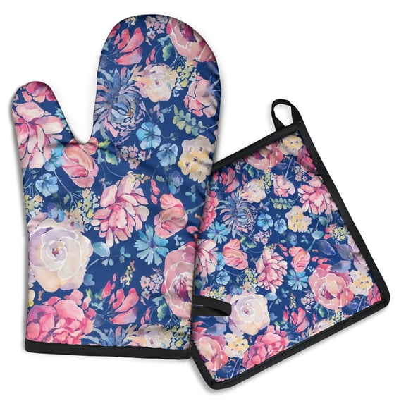 Pioneer Flower Kitchen Oven Mitt and Pot Holder Sets 2 Pcs for Baking, Cooking and Grilling, Heat Resistant Up To 392 °F