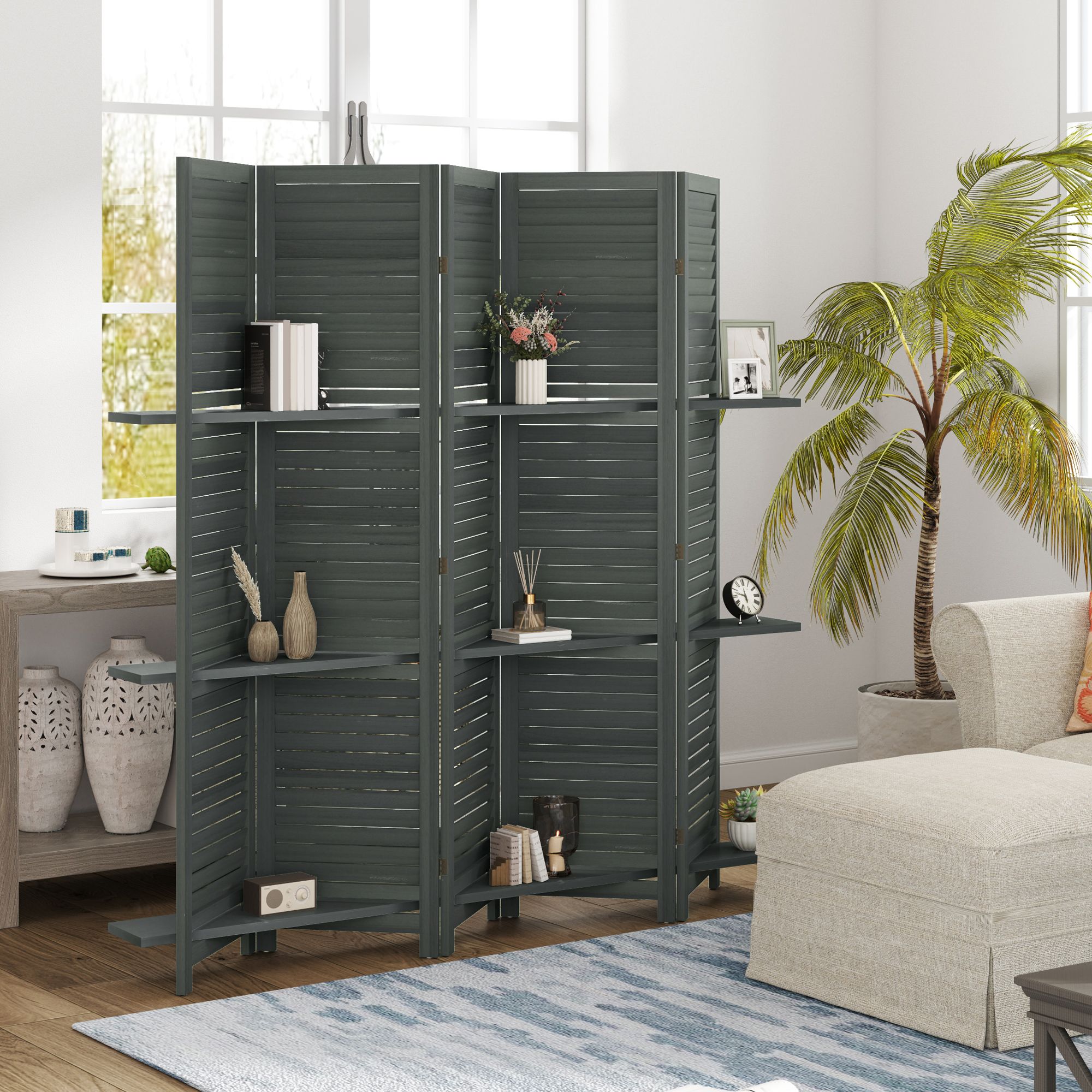 Alvantor 5 Panel Room Divider 67" Wood Privacy Screen with Storage Shelves for Porch Living Room Dorm Gray