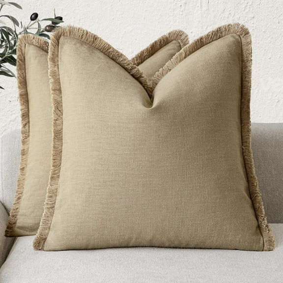 HAPPINESS Set of 2 Decorative Linen Fringe Throw Pillow Covers Farmhouse Cushion Cover with Tassels Soft Accent Pillowcase for Couch Chair Sofa Bed Living Room Home Decor,18×18 Inch,Light Khaki Taupe