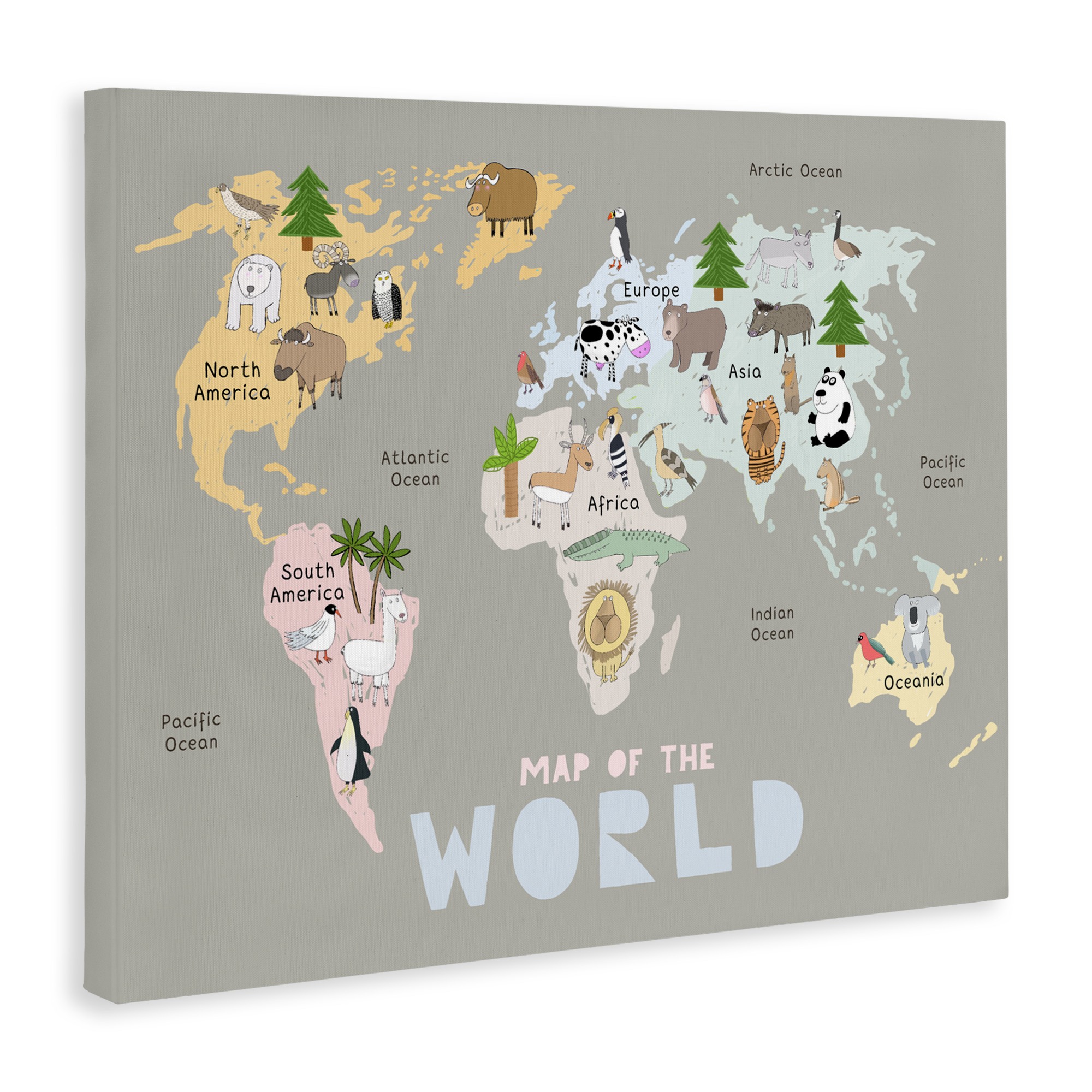 Kid's Map Of World Grey Canvas Wall Art, design by Carla Daly