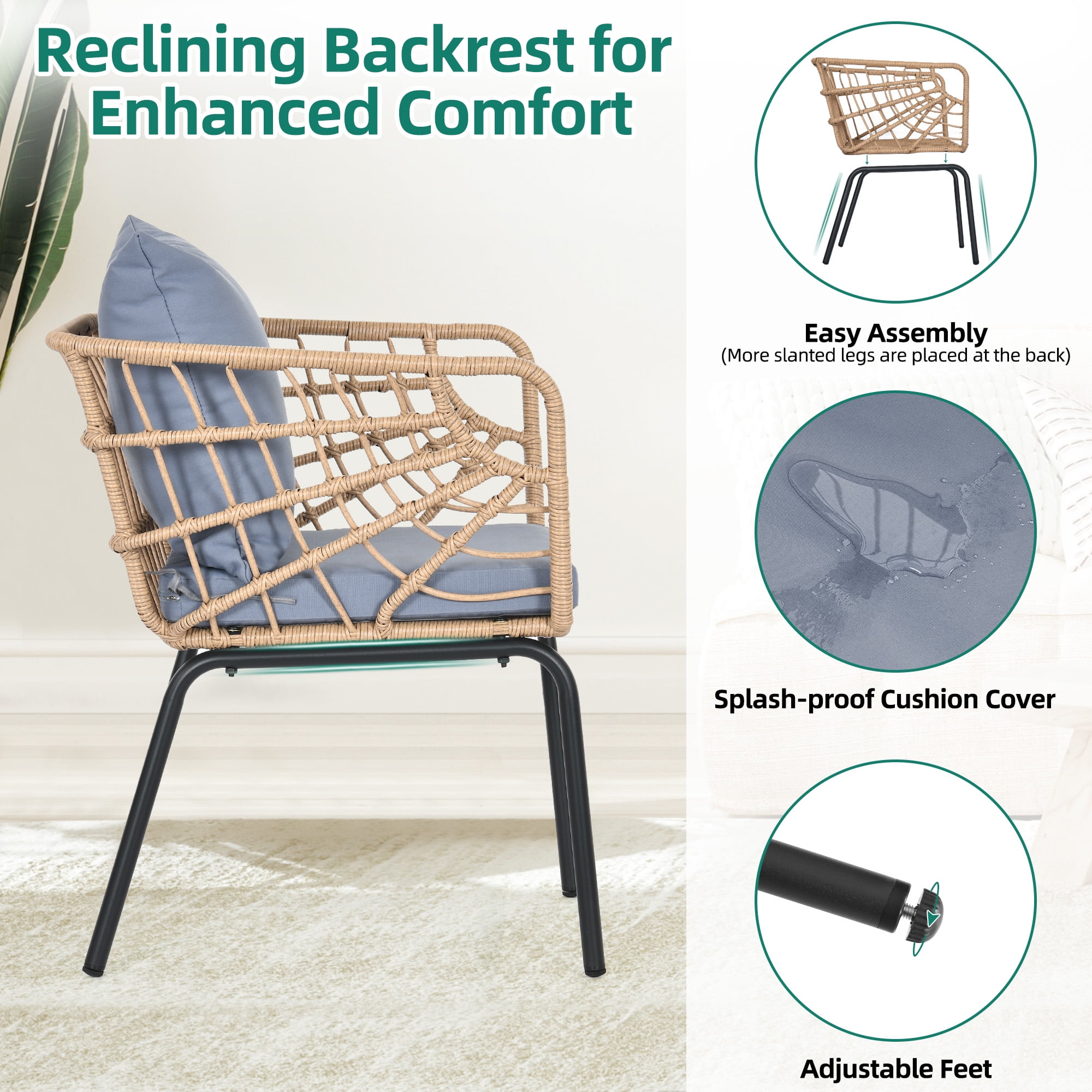 DEXTRUS 3-Piece Outdoor Patio Furniture Wicker Bistro Set With 2 Chairs and Coffee Table,Cushions and Lumbar Pillows for Porch, Backyard-Gray