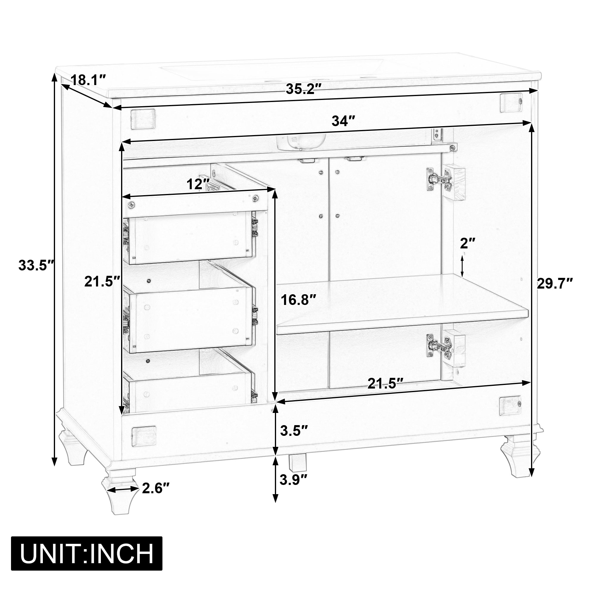 Euroco 36" Bathroom Vanity with Sink, Green Solid Wood Bathroom Cabinet with Flip Drawer, 3 Drawers & 2 Doors, Elegant Design with Golden Metal Handles, Modern MDF Vanity