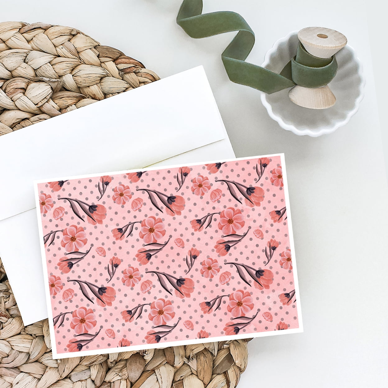 Pink Flowers and Polka Dots Greeting Cards and Envelopes Pack of 8