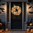 thumbnail image 6 of HELLONE 22 Inch Halloween Wreath for Front Door, Halloween Skull Wreath with Lights White Pumpkins Roses, Halloween Decorations Fall Maple Leaves Wreath for Porch Window Indoor Outdoor Decor, 6 of 7