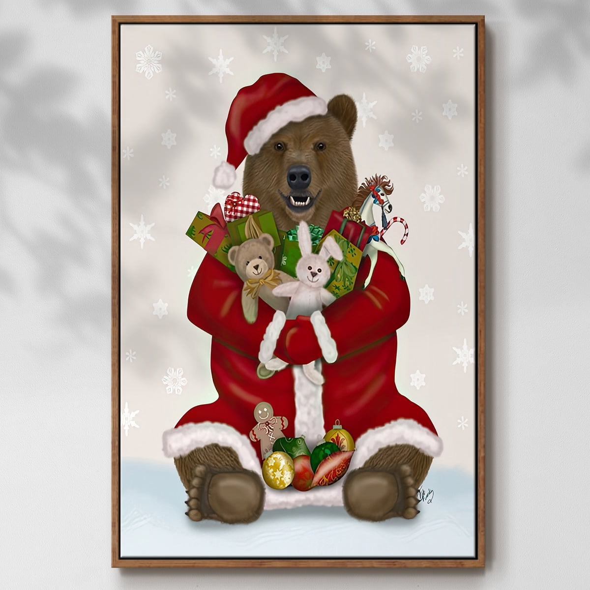 Christmas Christmas Present Bear Hug - Framed Gallery Wrapped Holiday Canvas - 25 x 37 - Rosewood Frame