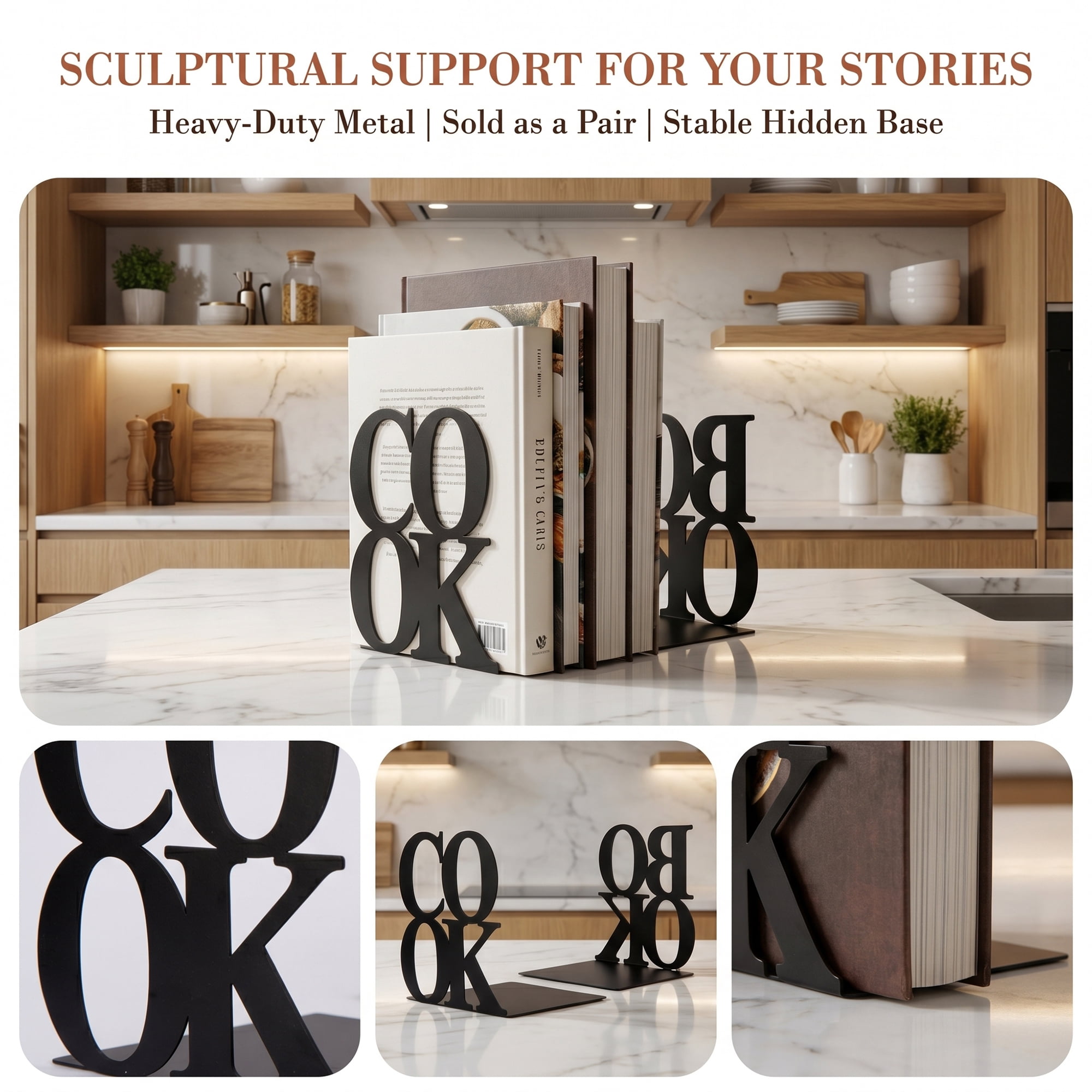 Unique Bargains Modern Geometric Metal Bookends for Office Black Style B 4.7"x4.7"x5.5"