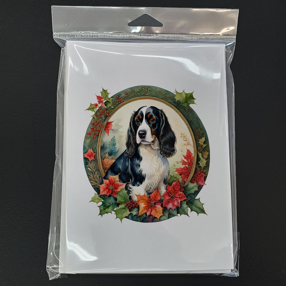 English Springer Spaniel Christmas Flowers Greeting Cards Pack of 8 7 in x 5 in
