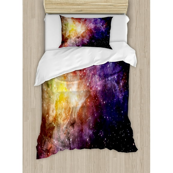 Ambesonne Galaxy Duvet Cover Set, Outer Space Nebula View, Twin, Black Purple Yellow