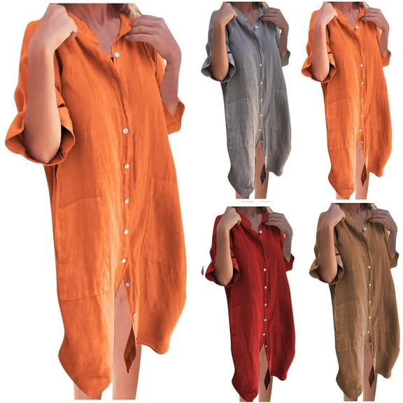 Hrsba Summer Plus Size Dress,Women's Solid Color Button With Pockets Short Sleeved-neck Standing Collar Midi Shirt Dress,Womens Casual Short Sleeve V-Neck Dress