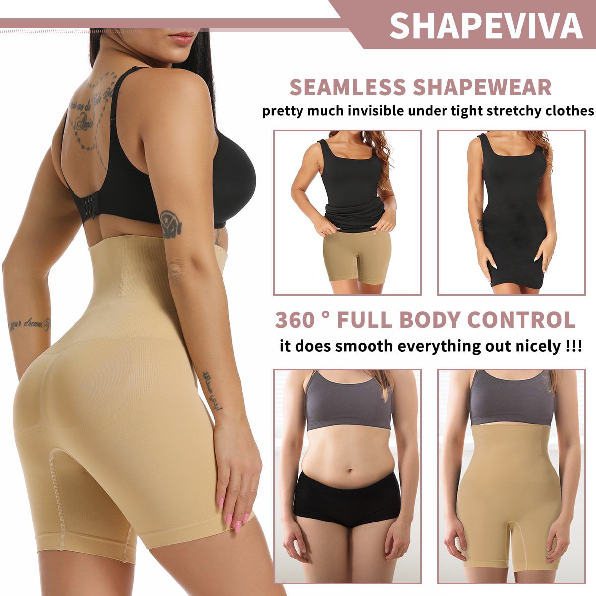 SHAPEVIVA Seamless High Waist Shapewear Short - Anti Chafing Thigh Slimmer  - Tummy Control Butt Lifting Postpartum Power Short 