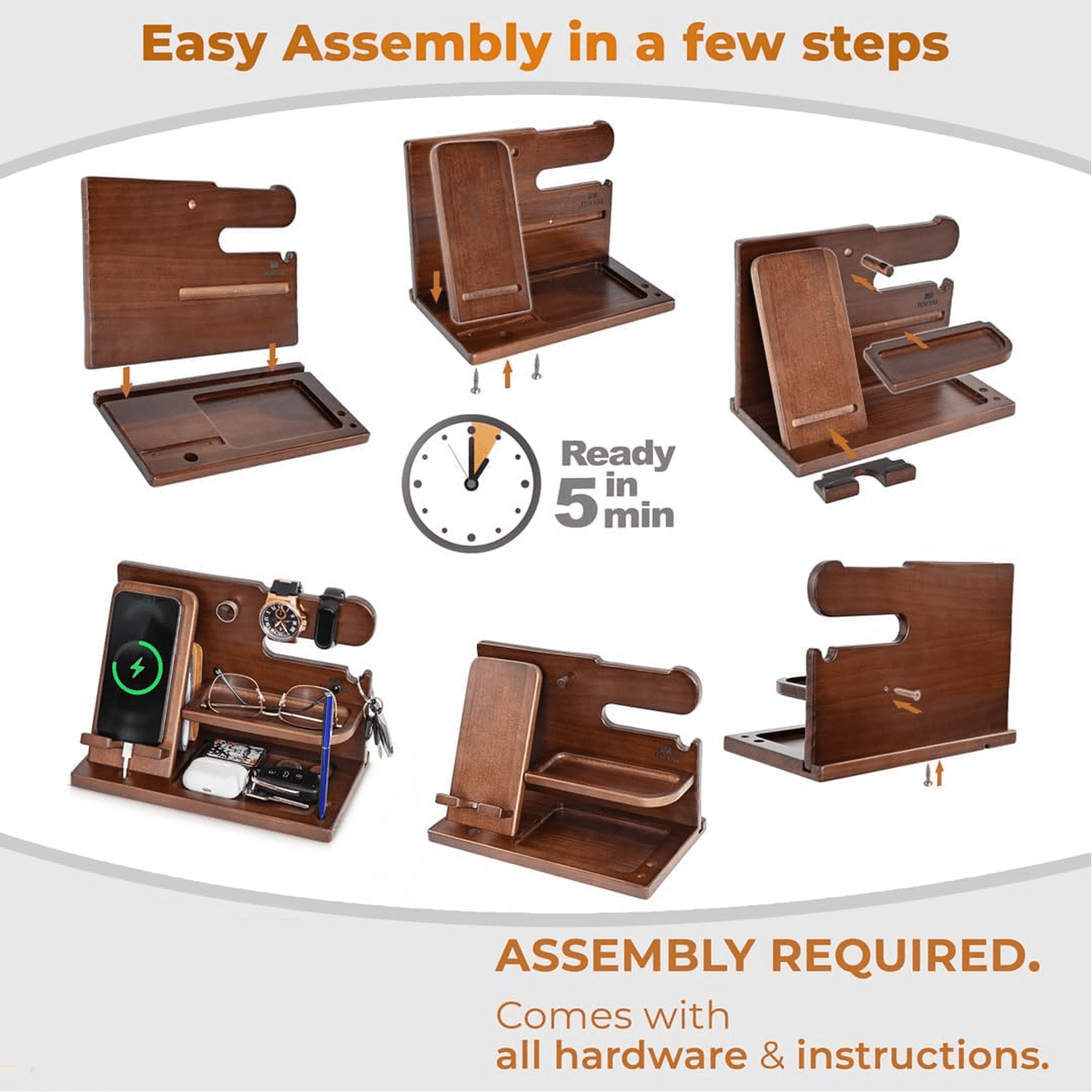Jowenia Wood Phone Docking Station, Nightstand Key Holder Stand Watch Organizer for Men Gift, Hand Crafted for Dad Mens Organizer Station (Brown)