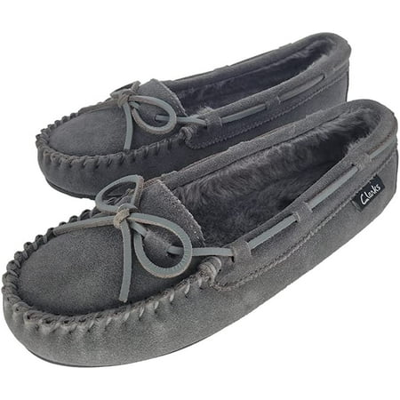 

Clarks Women s Suede Bowknot Moccasin Indoor/Outdoor Slippers with Faux Fur Lining (8 M US Gray)